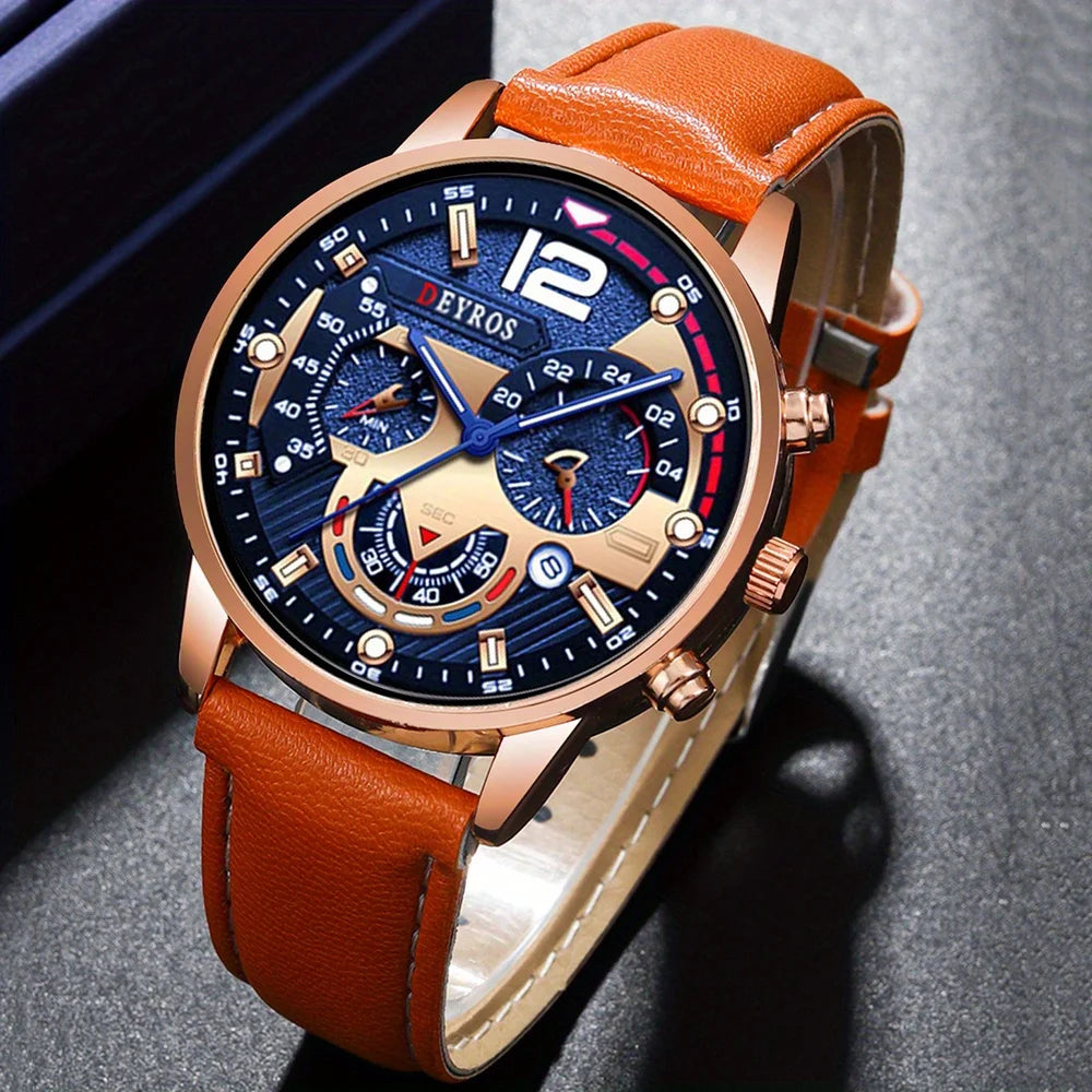 10pcs/set, Men Watch Sets, Casual Mens Watches Analog PU Leather Man Quartz Wristwatch Sets, Multi-color Matching