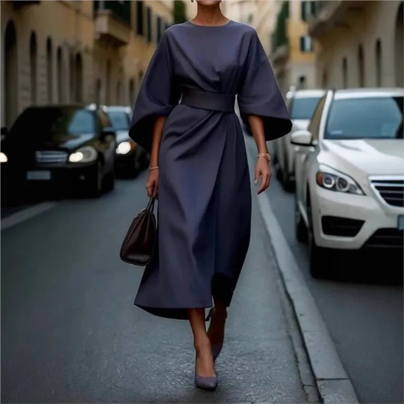 2025 Women's Clothing Fashion Black Dress Temperament Elegant Casual Waist-closing Maxi Bat Sleeve Dresses For Women Robe Femel