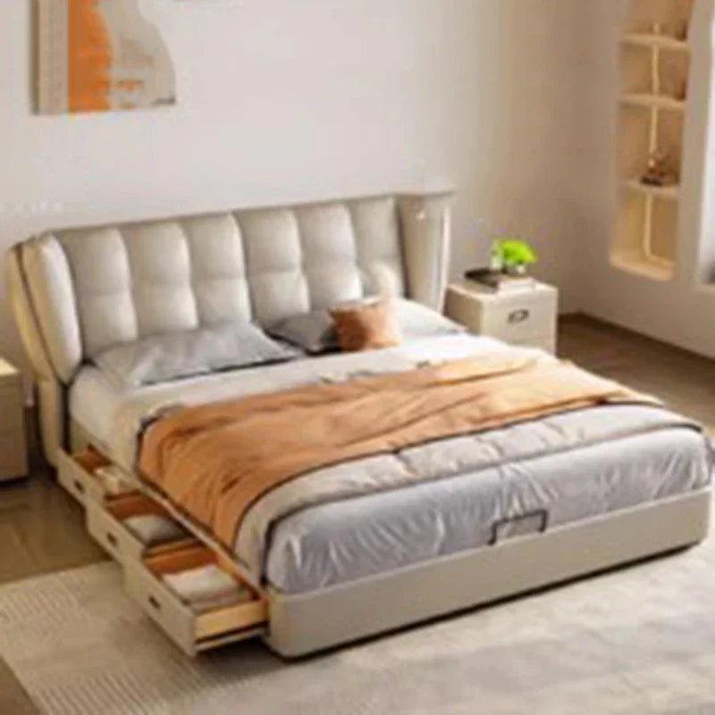 Drawers Wood Double Bed Frame Simple White Elegant Matrimonial Modern Bed Bedroom Villa Italian Cama De Casal Bedroom Furniture