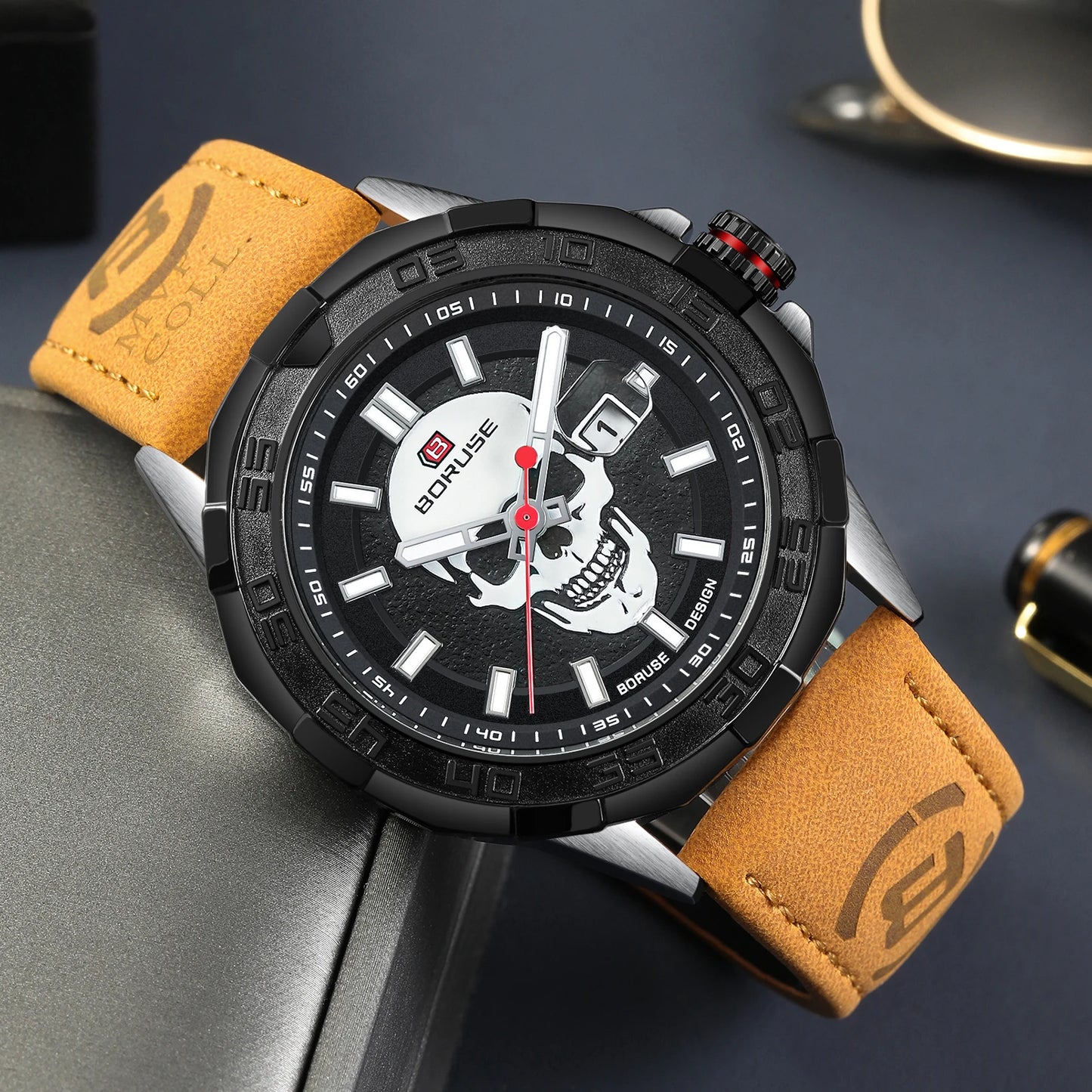 BORUSE Mens Brand Watches High Quality Luxury Leather Sport Waterproof Date Quartz Wristwatch for Men Relogio Masculino