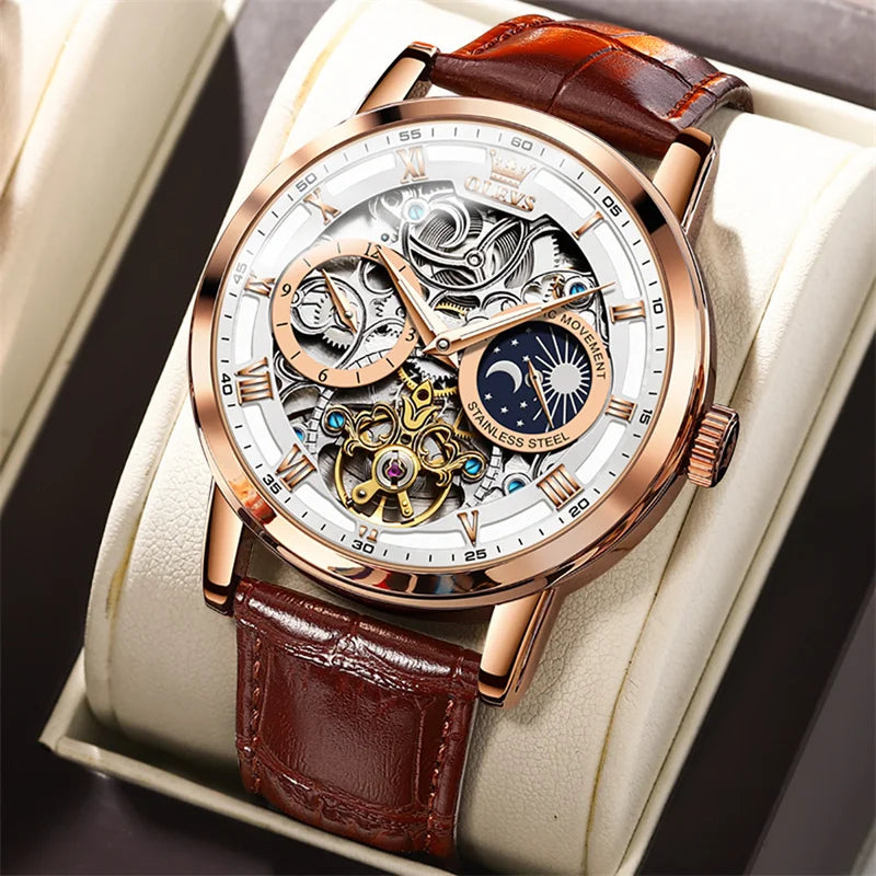 Watches Mens OLEVS Top Brand Luxury Casual Leather Tourbillon Mechanical Men's Watch Skeleton Automatic Clock Male Waterproof