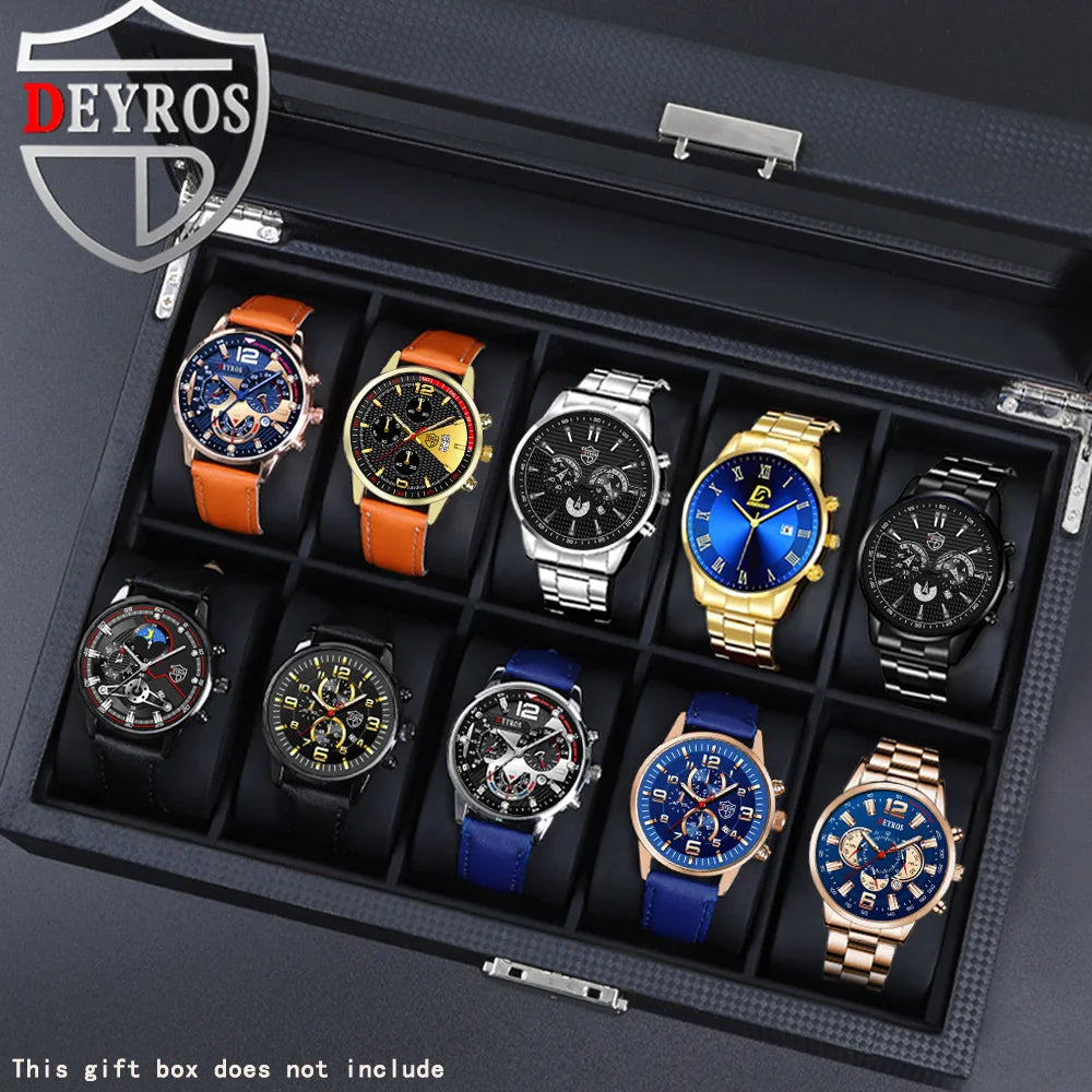 10pcs/set, Men Watch Sets, Casual Mens Watches Analog PU Leather Man Quartz Wristwatch Sets, Multi-color Matching