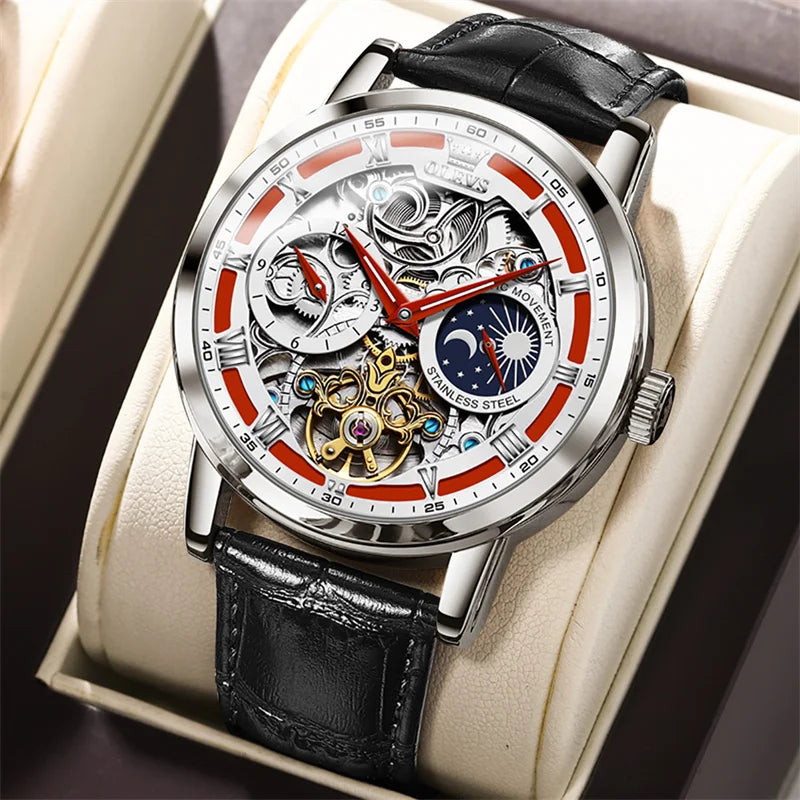 Watches Mens OLEVS Top Brand Luxury Casual Leather Tourbillon Mechanical Men's Watch Skeleton Automatic Clock Male Waterproof