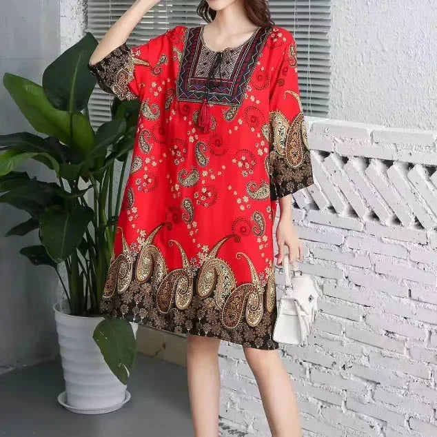 Women's Clothing Women Indian Dress Ready Stock Summer Vintage Causal Korean Style Beach Embroidery Tassel Floral Print Vestidos