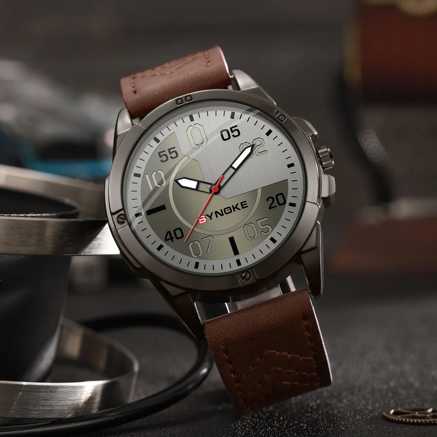 Mens Quartz Watch - Round Dial, PU Leather Strap, 30m Water Resistant, Alloy Case, SYNOKE Watch
