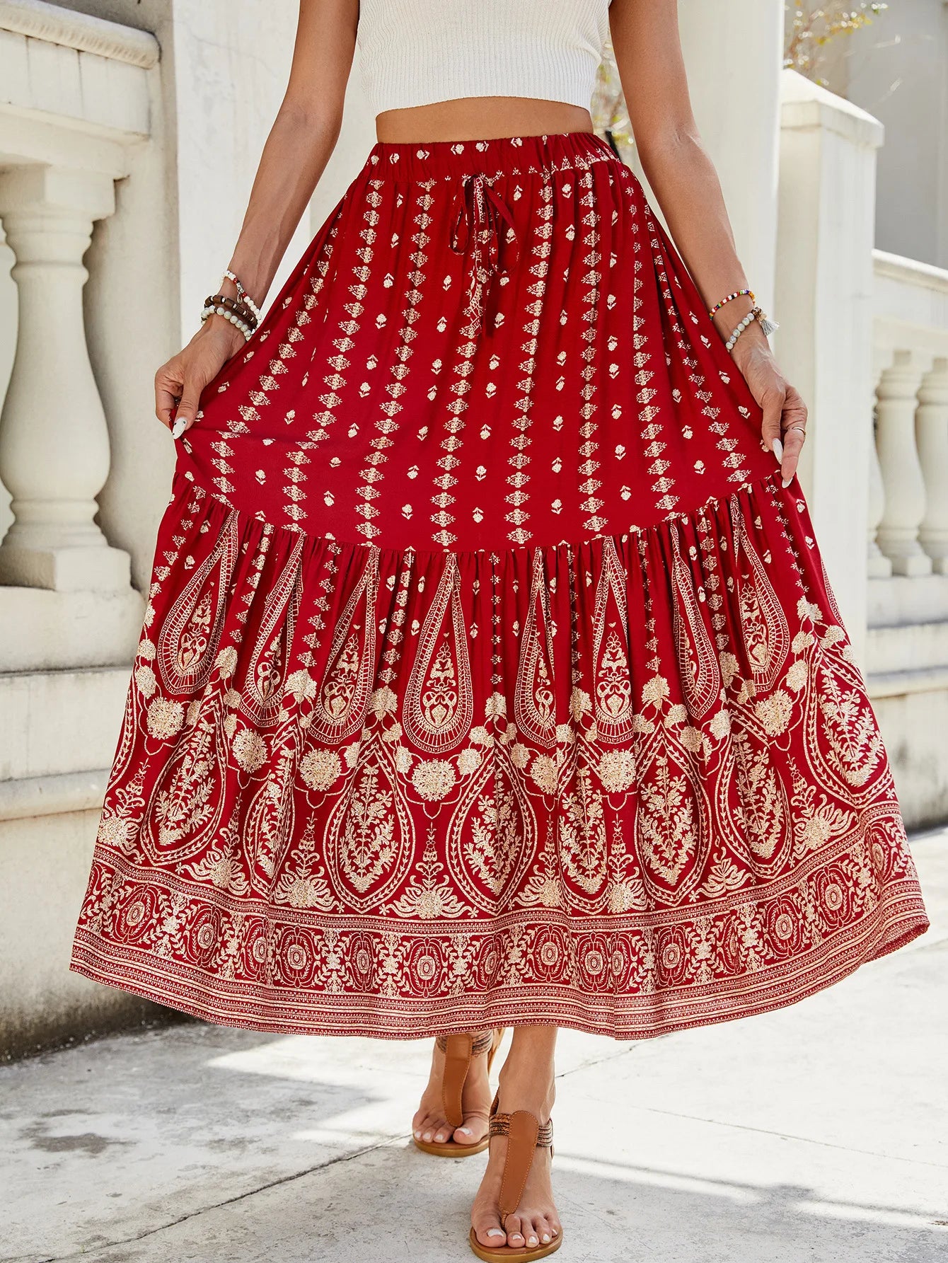Women's Clothing 2025 Spring and Summer Cotton Printed Splicing Skirt Beach Vacation Big Beach Skirt