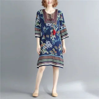 Women's Clothing Women Indian Dress Ready Stock Summer Vintage Causal Korean Style Beach Embroidery Tassel Floral Print Vestidos