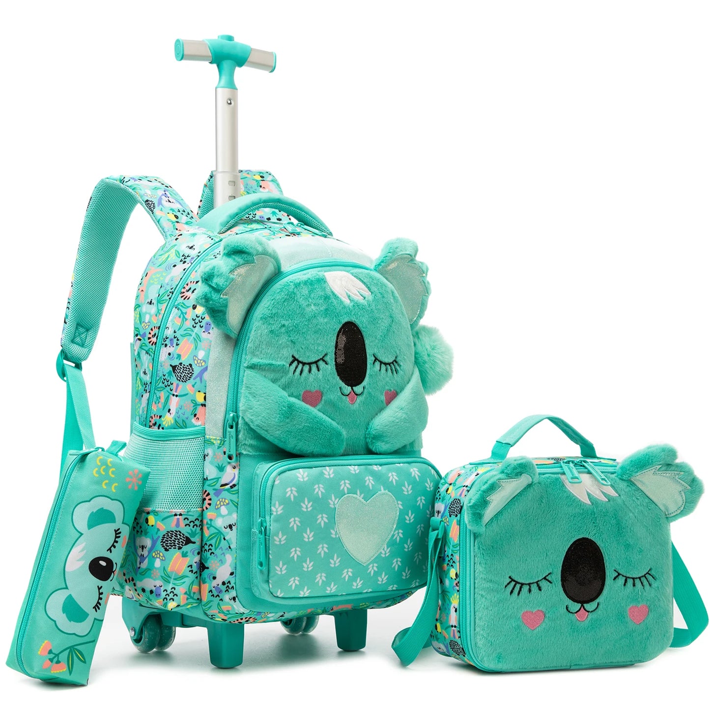 Girls Cute Rolling Backpack with Wheels 3pcs Set Roller Backpacks for Girls with Lunch Bag Wheeled Bookbag
