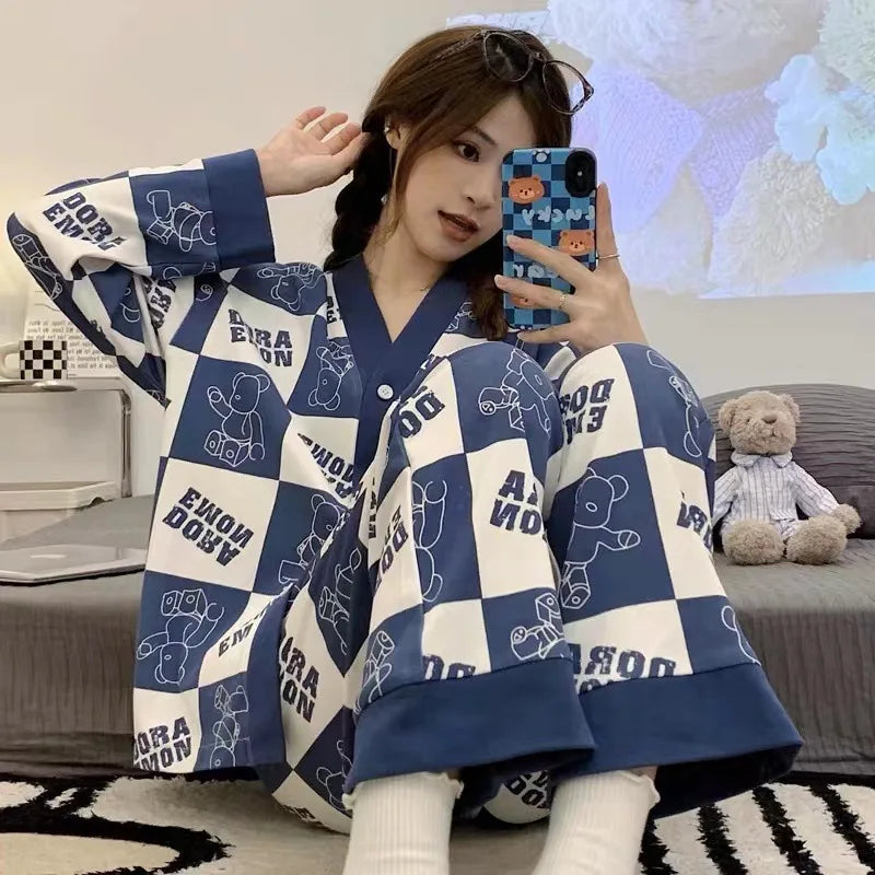 Women's Clothing Four Seasons Models Cute Pajamas Long-Sleeved Can Be Worn Outside Cartoon Cute Comfortable Large Size Homewear