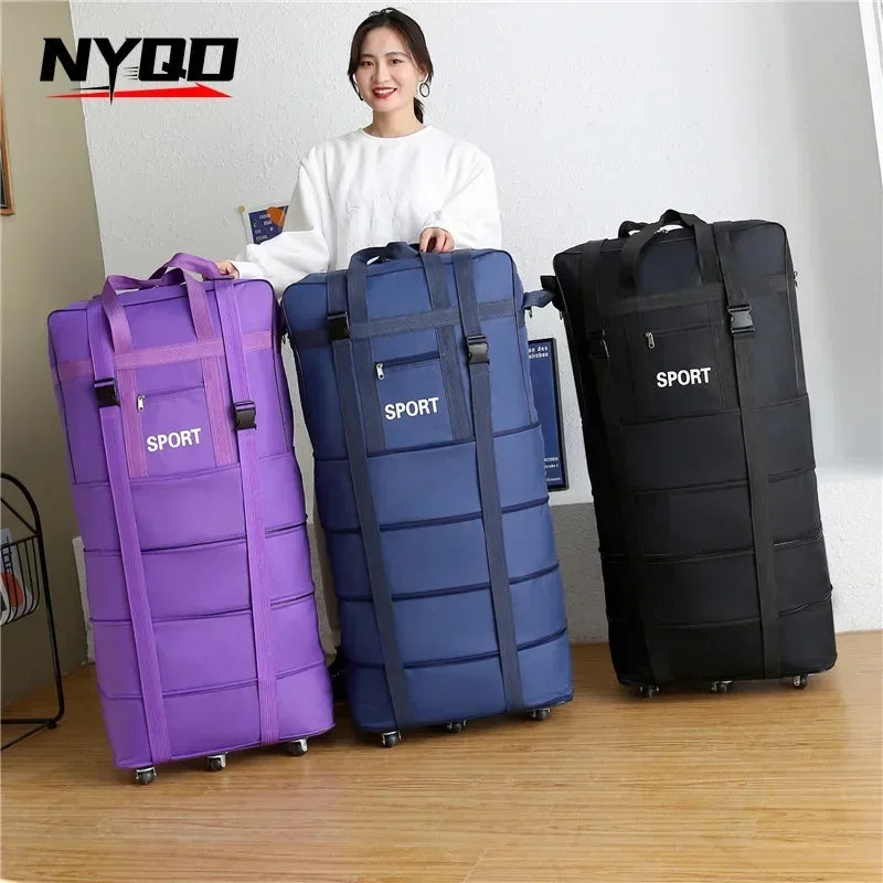 Air Checked Folding Large Capacity Oversized Backpack Storage Bag W/Pulley Lightweight Luggage Travel Suitcase Maletas De Viaje