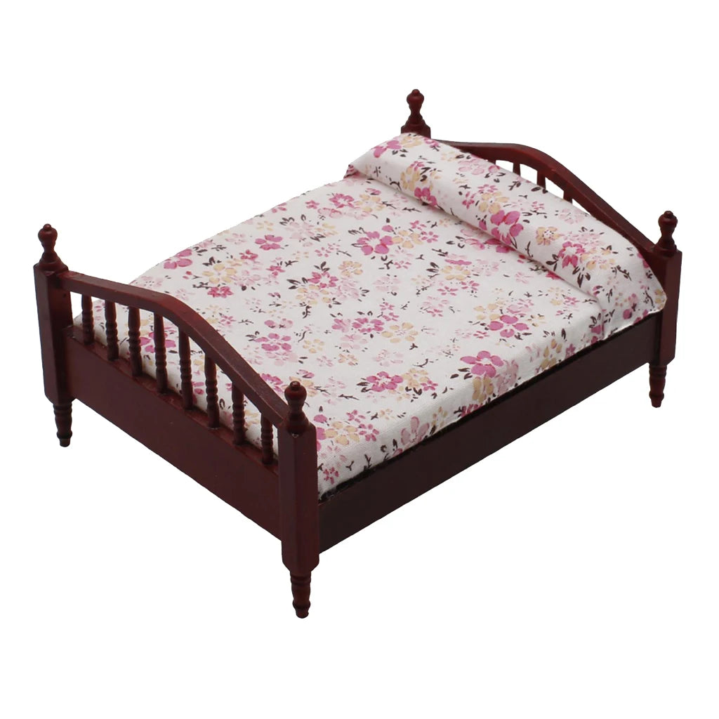 1/12 Dollhouse Miniature Furniture European style Wooden Bed Bedside Table Bedroom Model DIY Accessory