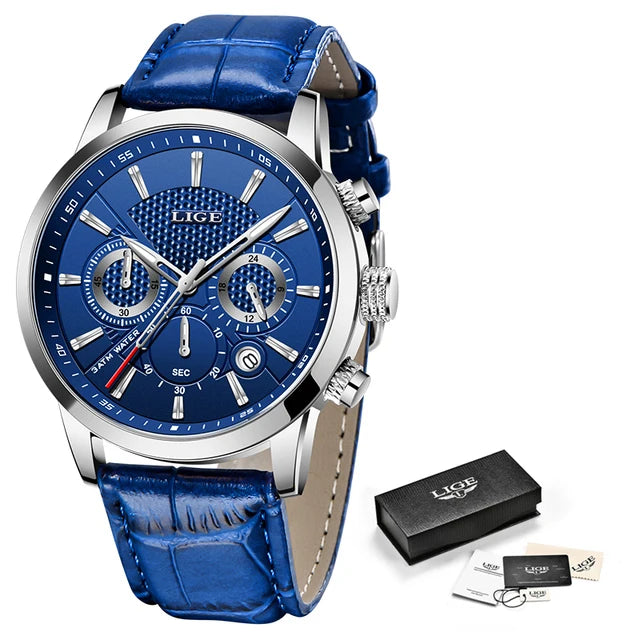 2023 New Mens Watches LIGE Top Brand Leather Chronograph Waterproof Sport Automatic Date Quartz Watch For Men Relogio Masculino