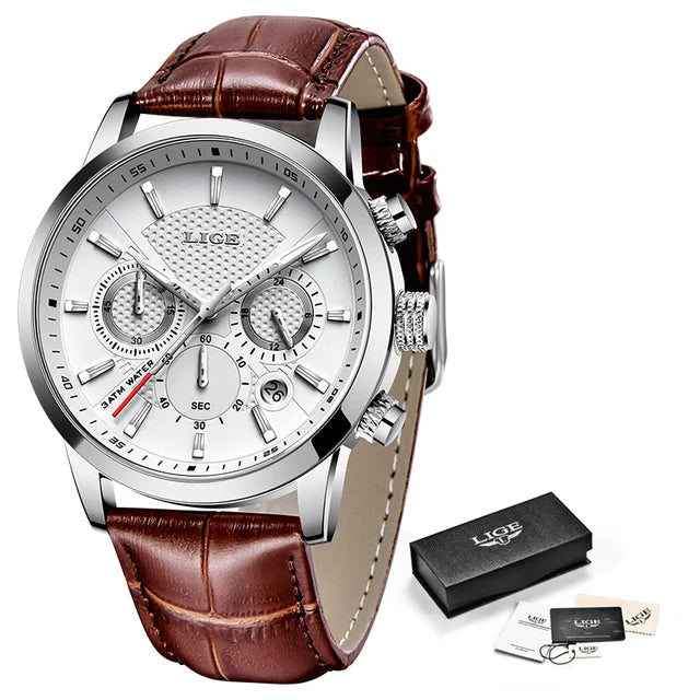 2023 New Mens Watches LIGE Top Brand Leather Chronograph Waterproof Sport Automatic Date Quartz Watch For Men Relogio Masculino