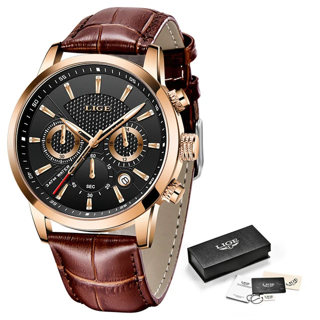 2023 New Mens Watches LIGE Top Brand Leather Chronograph Waterproof Sport Automatic Date Quartz Watch For Men Relogio Masculino