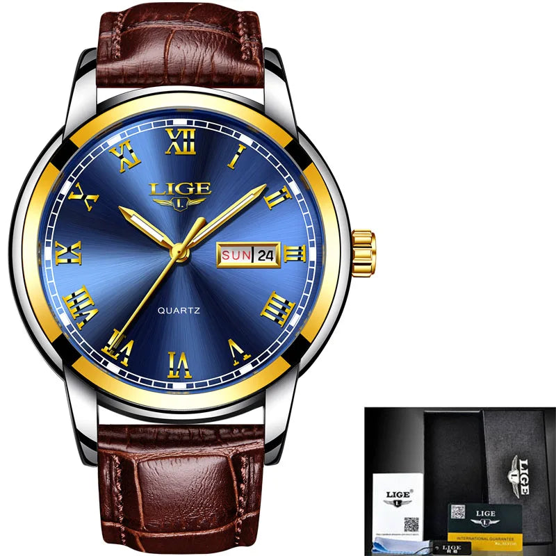 2023 New Mens Watches LIGE Top Brand Leather Chronograph Waterproof Sport Automatic Date Quartz Watch For Men Relogio Masculino