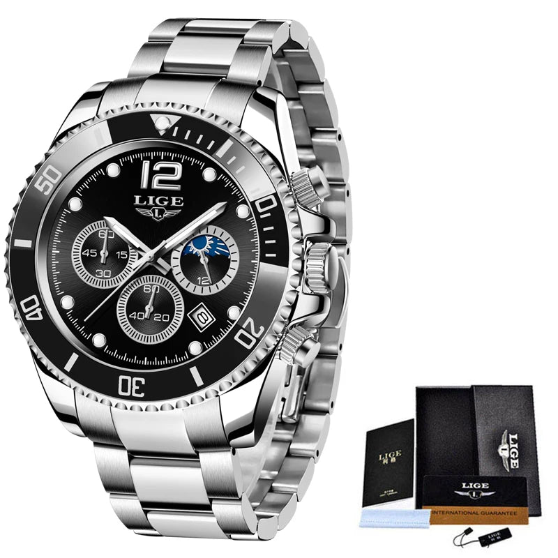Mens Watches LIGE Top Brand Luxury Watch for Men Waterproof Sports Stainless Chronograph Quartz Wristwatch Relogio Masculino+Box