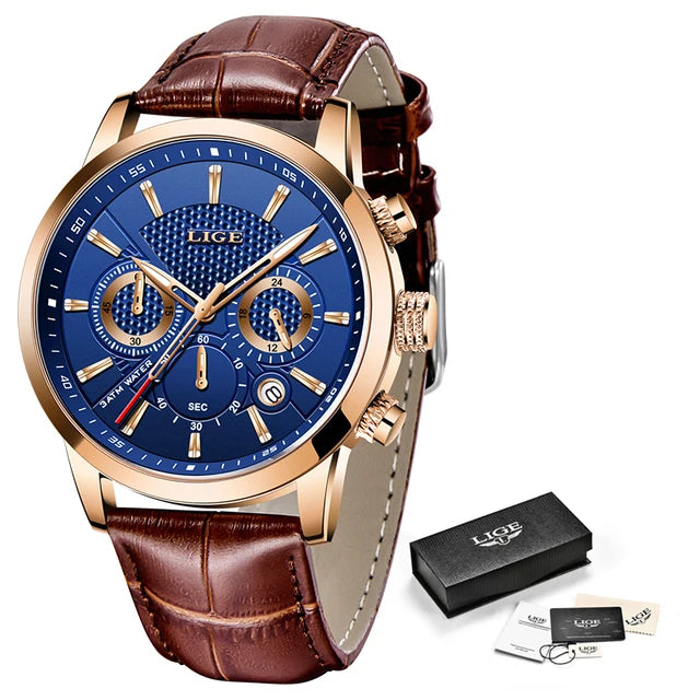 2023 New Mens Watches LIGE Top Brand Leather Chronograph Waterproof Sport Automatic Date Quartz Watch For Men Relogio Masculino