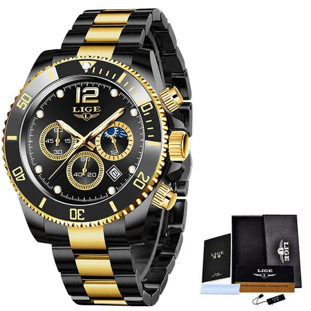 Mens Watches LIGE Top Brand Luxury Watch for Men Waterproof Sports Stainless Chronograph Quartz Wristwatch Relogio Masculino+Box