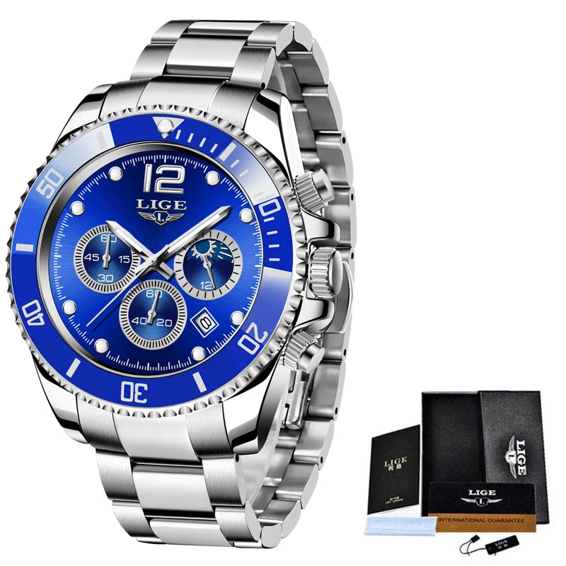Mens Watches LIGE Top Brand Luxury Watch for Men Waterproof Sports Stainless Chronograph Quartz Wristwatch Relogio Masculino+Box