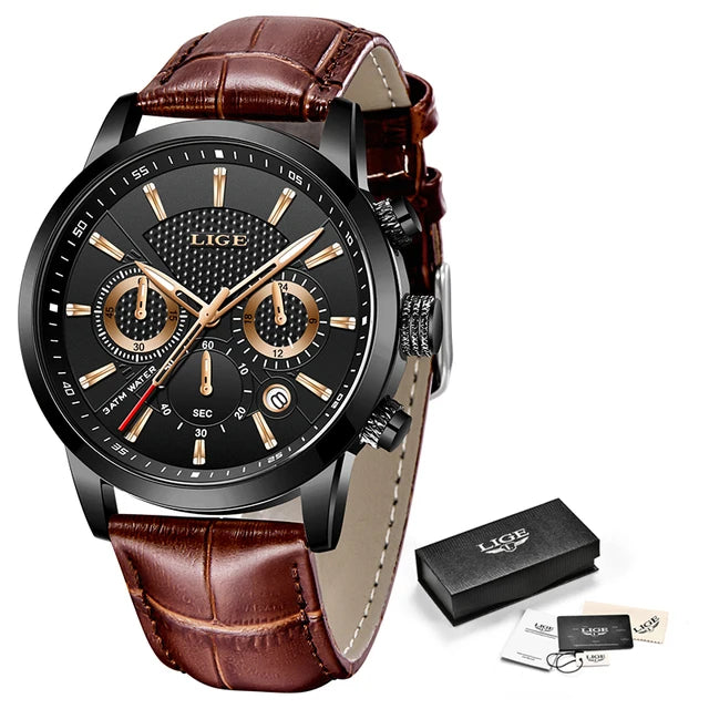 2023 New Mens Watches LIGE Top Brand Leather Chronograph Waterproof Sport Automatic Date Quartz Watch For Men Relogio Masculino
