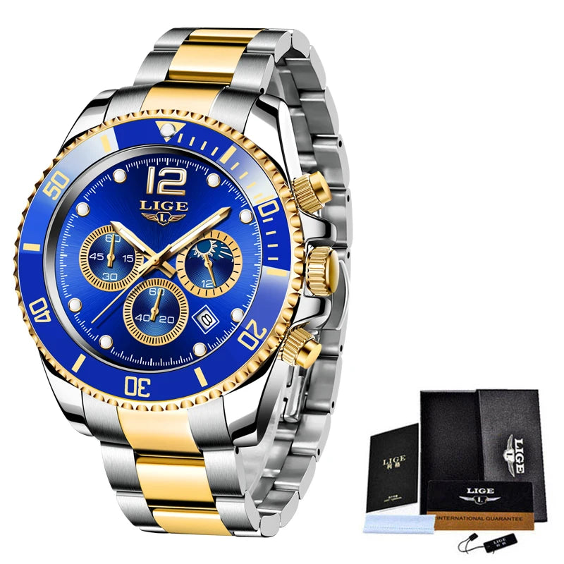 Mens Watches LIGE Top Brand Luxury Watch for Men Waterproof Sports Stainless Chronograph Quartz Wristwatch Relogio Masculino+Box