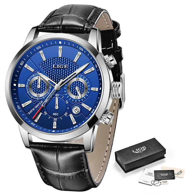 2023 New Mens Watches LIGE Top Brand Leather Chronograph Waterproof Sport Automatic Date Quartz Watch For Men Relogio Masculino