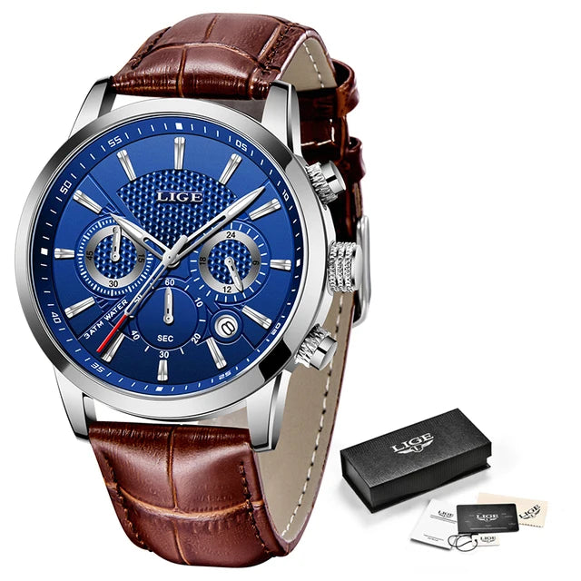 2023 New Mens Watches LIGE Top Brand Leather Chronograph Waterproof Sport Automatic Date Quartz Watch For Men Relogio Masculino