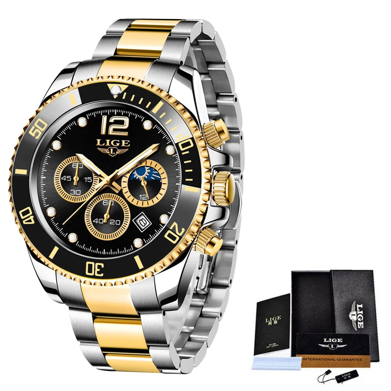 Mens Watches LIGE Top Brand Luxury Watch for Men Waterproof Sports Stainless Chronograph Quartz Wristwatch Relogio Masculino+Box