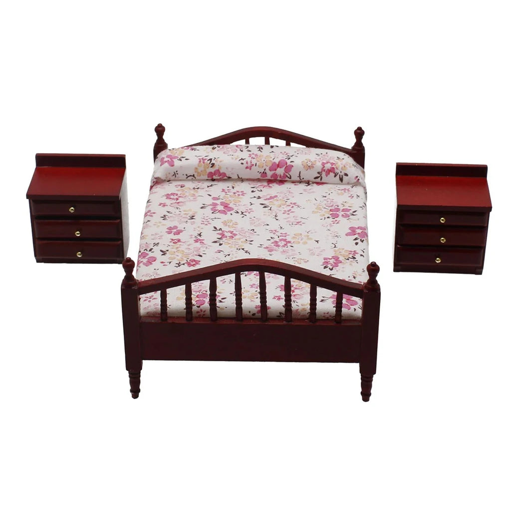 1/12 Dollhouse Miniature Furniture European style Wooden Bed Bedside Table Bedroom Model DIY Accessory