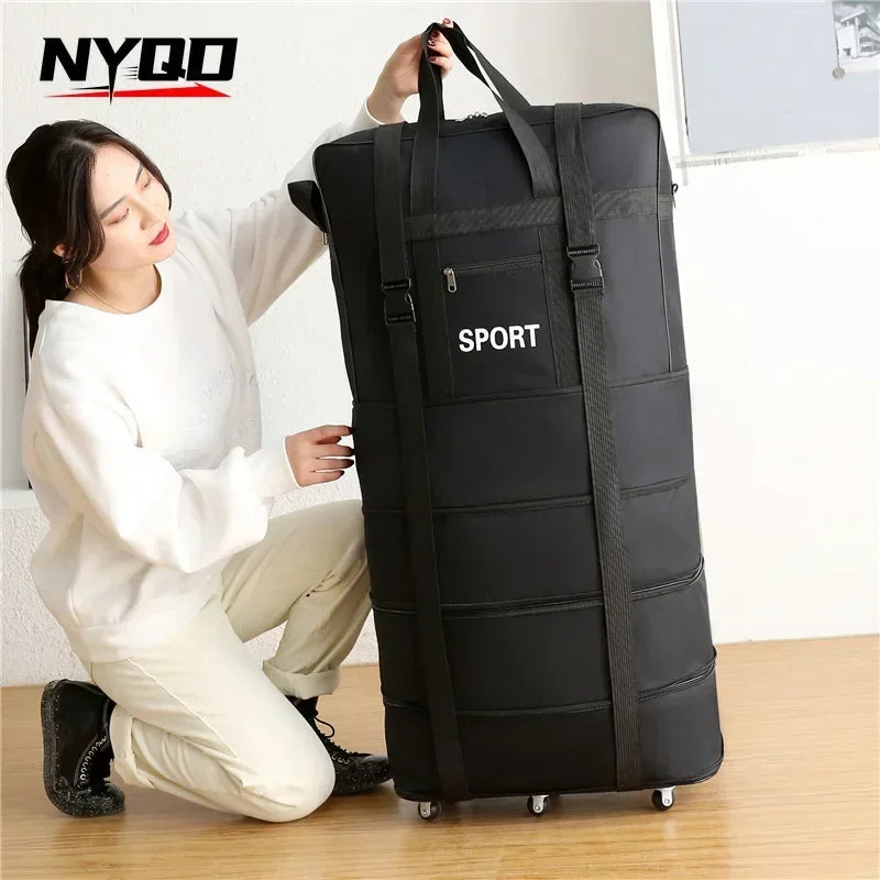 Air Checked Folding Large Capacity Oversized Backpack Storage Bag W/Pulley Lightweight Luggage Travel Suitcase Maletas De Viaje