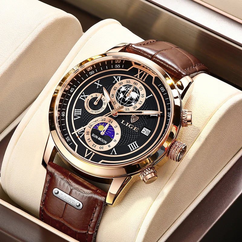 2025 New Mens Watches LIGE Top Brand Leather Chronograph Waterproof Sport Automatic Date Quartz Watch For Men Relogio Masculino