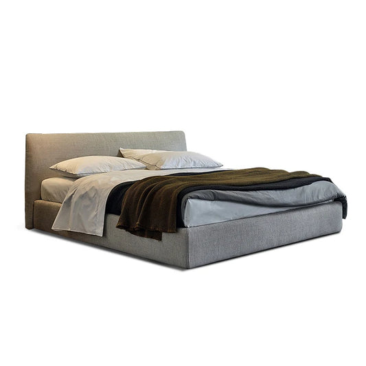 Nordic modern design fabric bed frame apartment hotel furniture king size solid wood bed with upholstered headboard