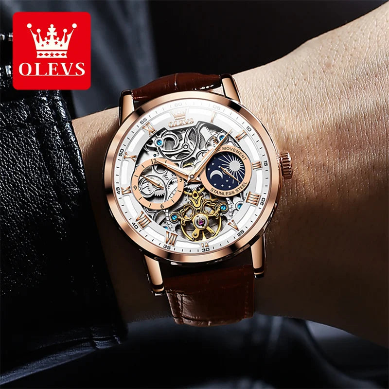 Watches Mens OLEVS Top Brand Luxury Casual Leather Tourbillon Mechanical Men's Watch Skeleton Automatic Clock Male Waterproof