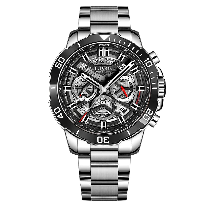 LIGE Mens Watches Top Brand Big Sport Watch Luxury Men Military Steel Quartz Wrist Watches Chronograph Hollow Design Male Clock