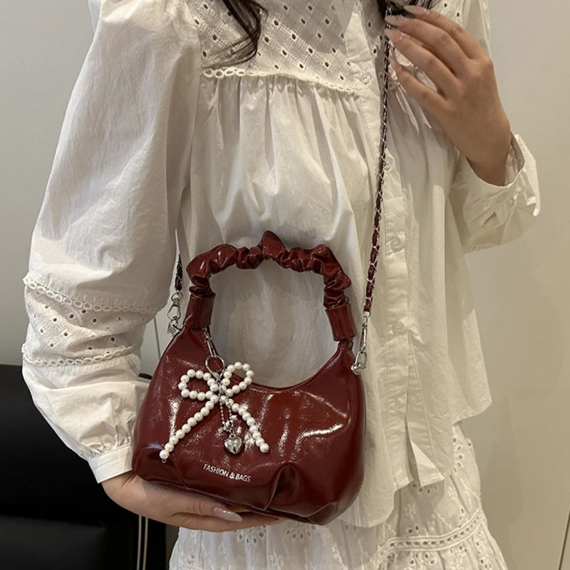Wine Red Handbag For Women 2025 Summer New Pleated Shoulder Bag Vintage Versatile Chain Crossbody Bags High-end Commuting Purses