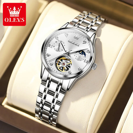 OLEVS 6608 Top Brand Women's Watches Elegant Fashion Hollow Out Automatic Mechanical Watch for Lady Waterproof Stainless Steel