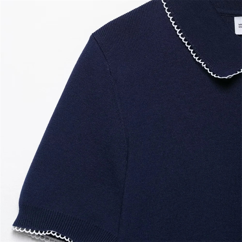 2025 new women's clothing European and American style casual fashion temperament versatile lapel knitted short sleeved top
