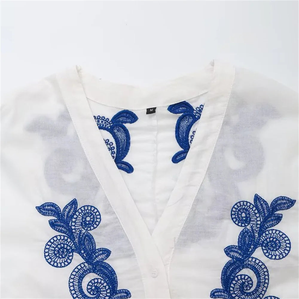 2025 New Women's Clothing Casual, Elegant, Modern, European and American Style Contrast Embroidered Shirt&Skirt Set