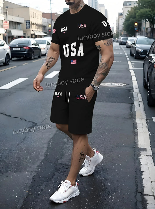 Mens USA flag T-Shirt Shorts Pants Suit Men  Set 2 Piece Set  Casual Short Tracksuit  Vintage Outfit Sportswear Male Clothing
