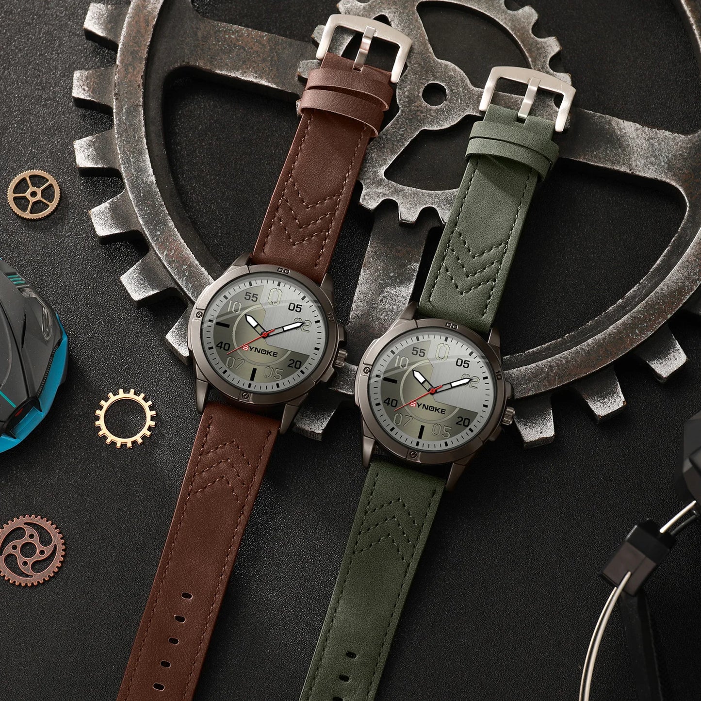 Mens Quartz Watch - Round Dial, PU Leather Strap, 30m Water Resistant, Alloy Case, SYNOKE Watch
