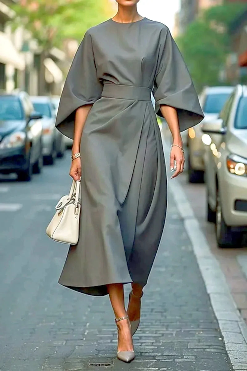 2025 Women's Clothing Fashion Black Dress Temperament Elegant Casual Waist-closing Maxi Bat Sleeve Dresses For Women Robe Femel