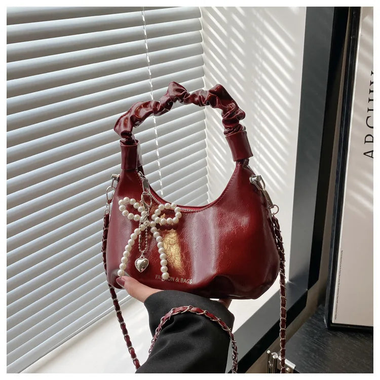 Wine Red Handbag For Women 2025 Summer New Pleated Shoulder Bag Vintage Versatile Chain Crossbody Bags High-end Commuting Purses