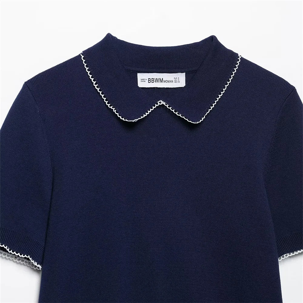 2025 new women's clothing European and American style casual fashion temperament versatile lapel knitted short sleeved top