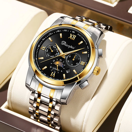 Men's elegant automatic mechanical watch with 24-hour date and week display, transparent back, 30 meter waterproof zinc alloy ca