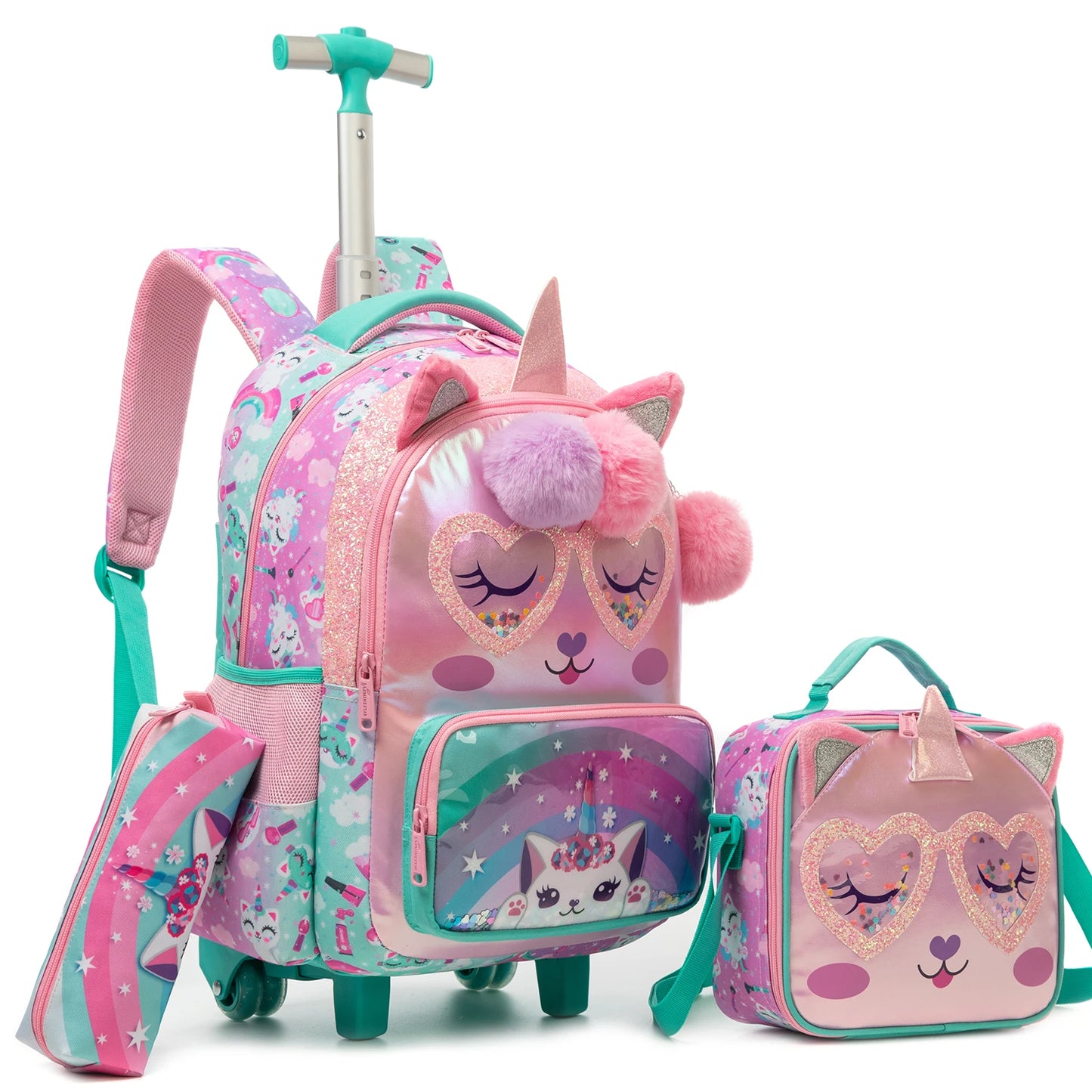 Girls Cute Rolling Backpack with Wheels 3pcs Set Roller Backpacks for Girls with Lunch Bag Wheeled Bookbag