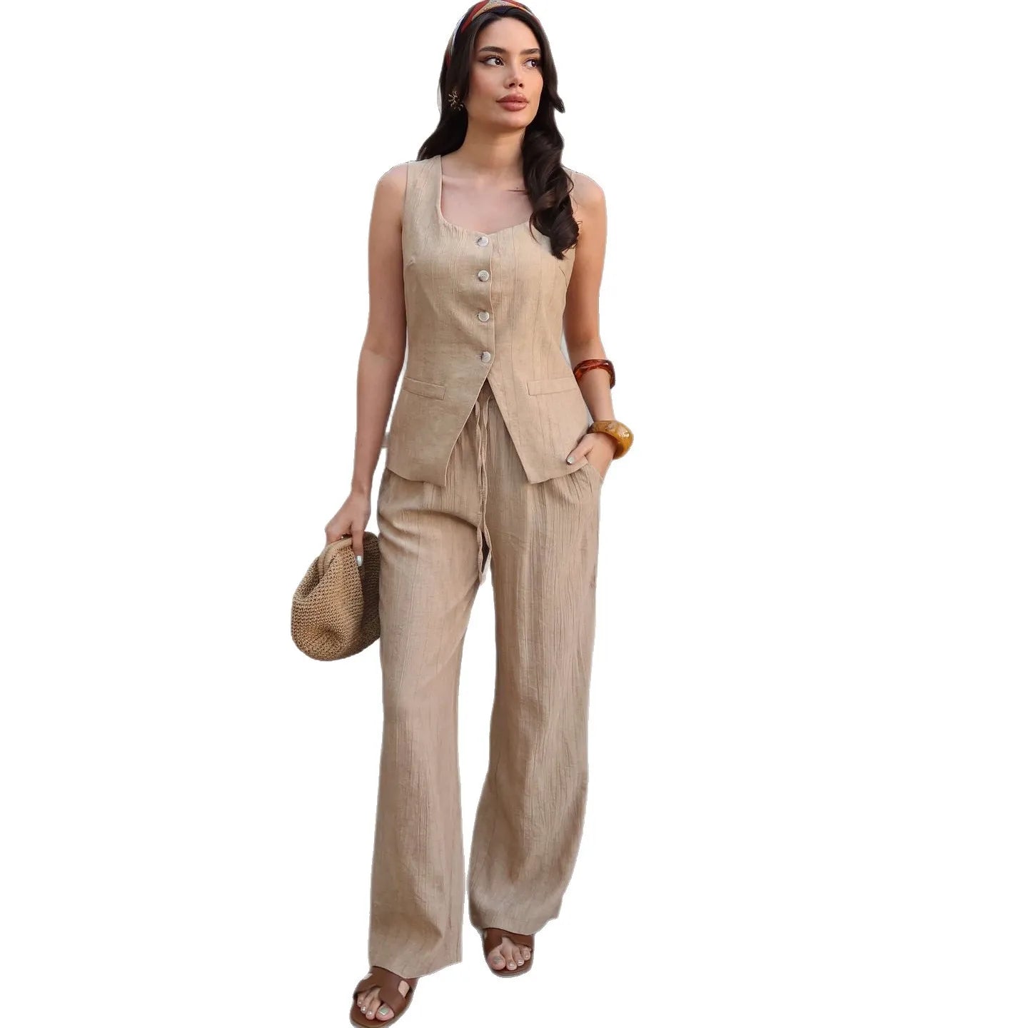 Women's Clothing 2024 Spring Summer New Fashionable Vest Pants Collage Splicing Pure Sleeveless Color Temperament Casual Suit