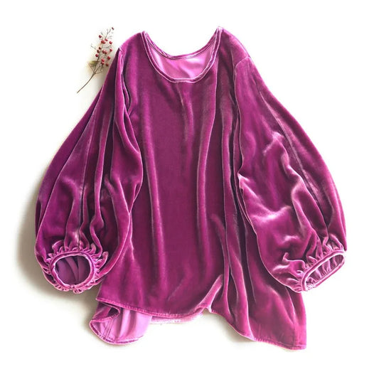 Women Clothing Ropa Mujer Shirts for  2025 Vintage  Loose Round Neck Gold Velvet Lantern Sleeve  T-shirts Tees Shirt