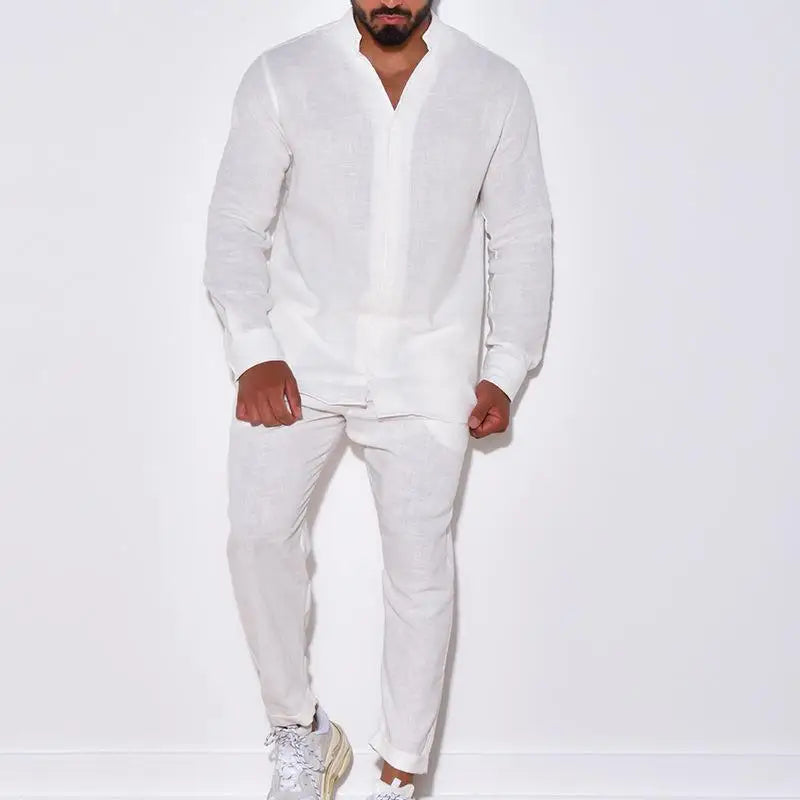 Mens Sets Linen Spring Autumn Leisure Suit Long Sleeve Shirts and Trousers Two Piece Sets Fashion Men Hot Sales Comfortable