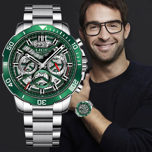 LIGE Mens Watches Top Brand Big Sport Watch Luxury Men Military Steel Quartz Wrist Watches Chronograph Hollow Design Male Clock