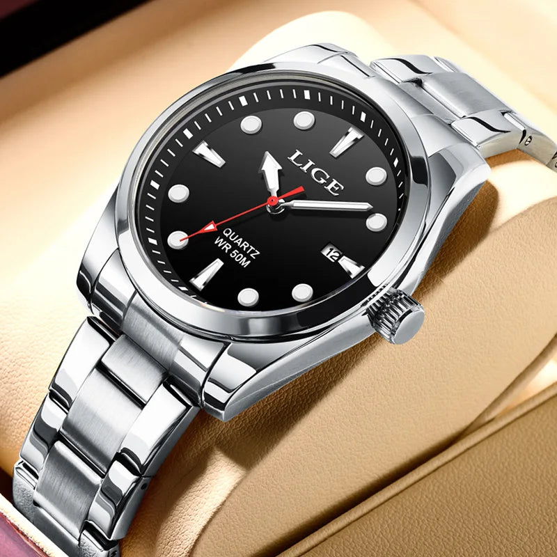 LIGE Mens Watches 5ATM Sports Waterproof Quartz Wristwatch Luminous Clock Ultra Thin Date Watch for Men Relogio Masculino+Box